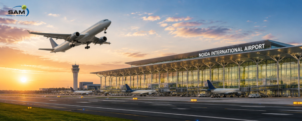 Aircraft taking off from Noida International Airport with modern terminal building and runway infrastructure.