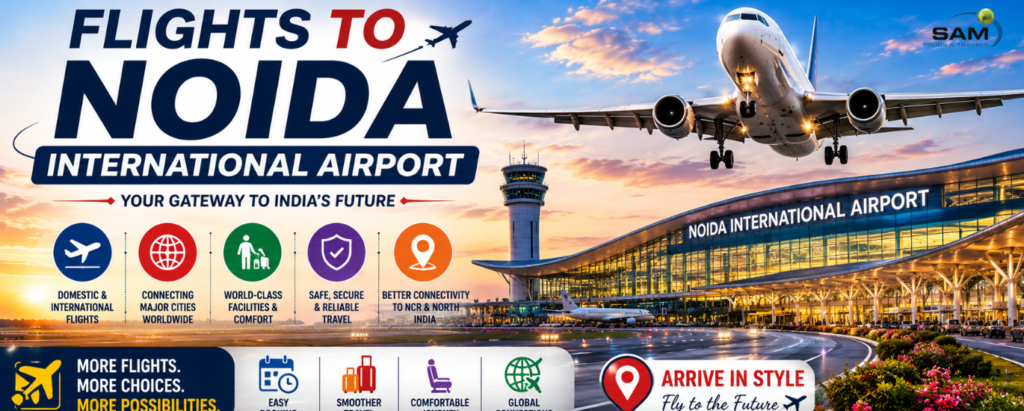 Passenger aircraft arriving at Noida International Airport with modern terminal building and runway facilities.