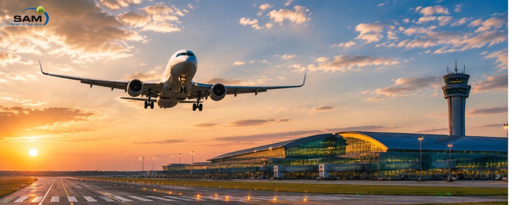 Passenger aircraft arriving at Noida International Airport with modern terminal building and runway facilities.