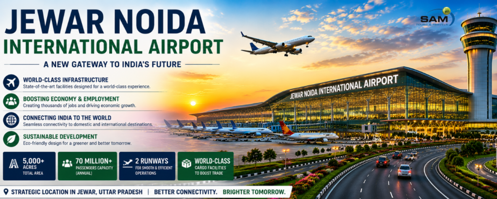 Modern terminal building and runway at Jewar Noida International Airport with aircraft operations and airport infrastructure.