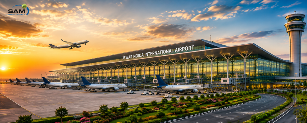 Modern terminal building and runway at Jewar Noida International Airport with aircraft operations and airport infrastructure.