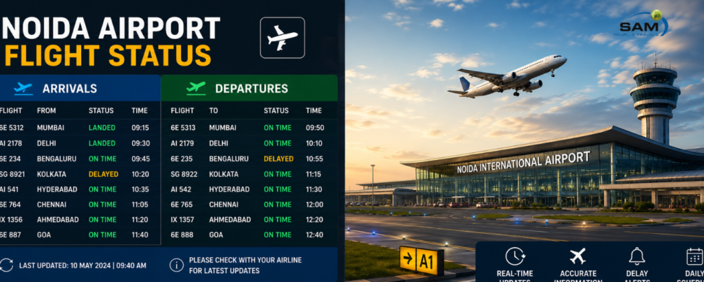 Live flight status display showing arrivals and departures at Noida International Airport with aircraft on the runway.